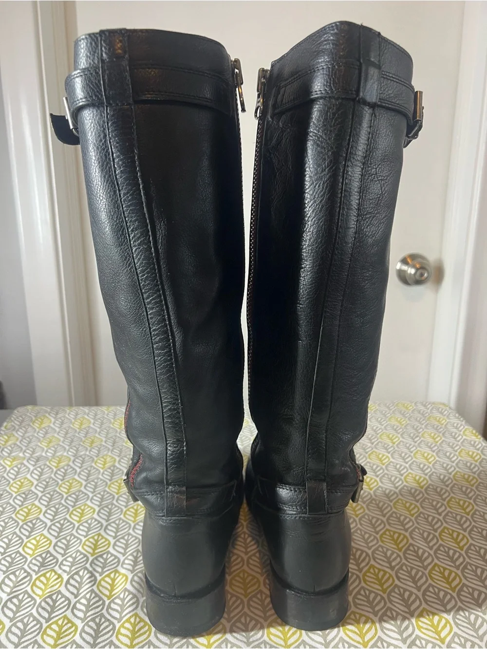 Sendra Black Leather Riding Boots with Zipper Detail & Red Accent Trim Sz. 7 1/2